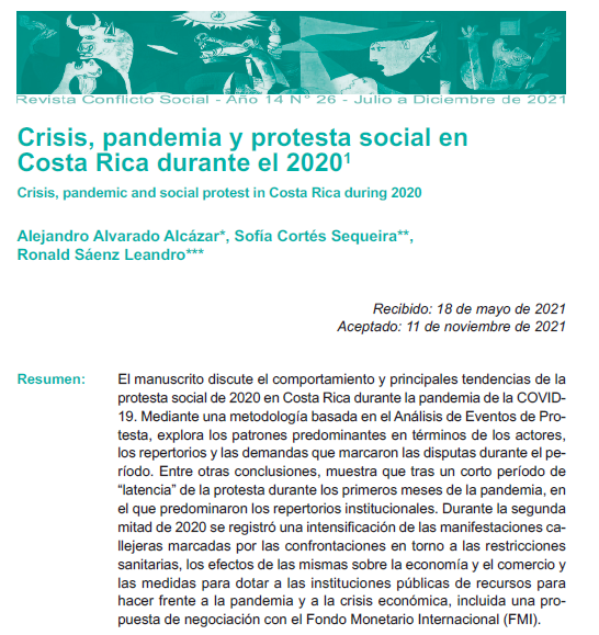 Crisis pandemia y protesta social en Costa Rica durante el 2020